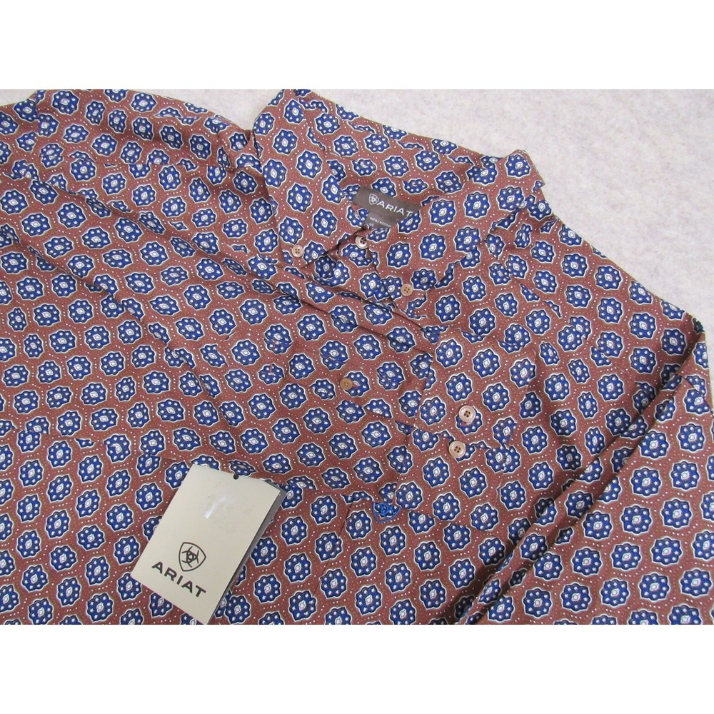 Ariat Shaw LS Shirt Mens XXL Brown Blue Geometric Print Classic Fit NWT